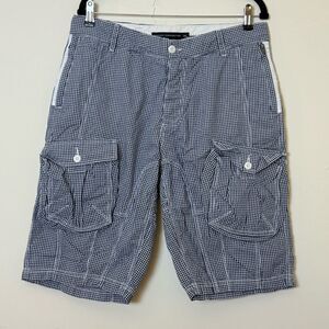French Connection Men’s Gingham Cargo Shorts – Navy/White, Size 32